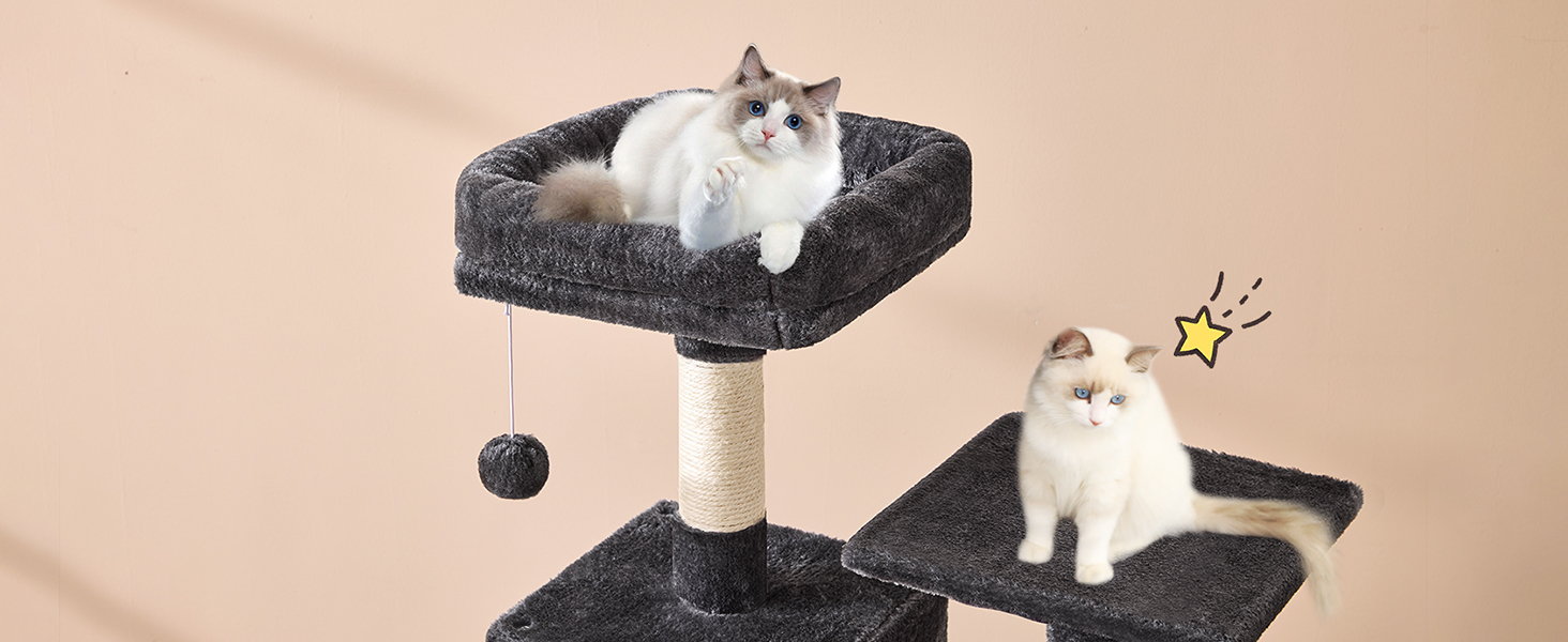 Кігтеточка для котів MSmask велика, 150 см, сіра, з 2 платформами, 2 будиночками, гамаком та сизалевими стовпчиками