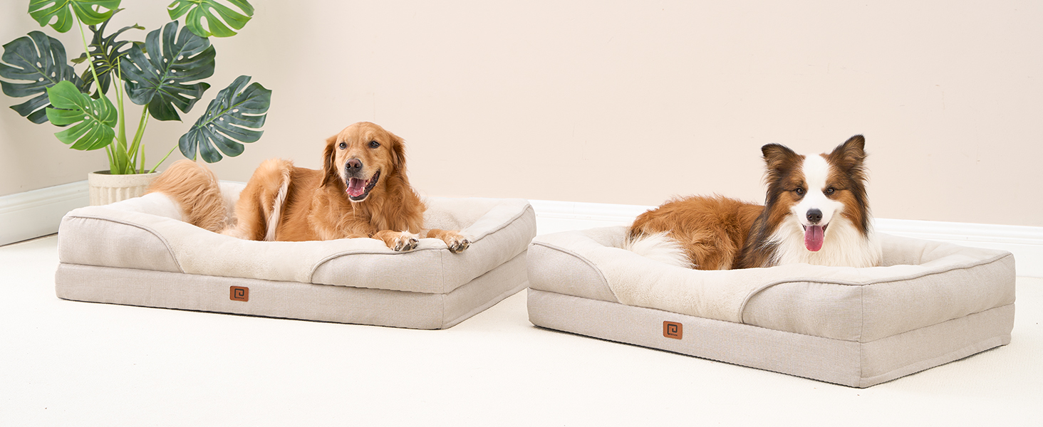 Ортопедичне ліжко для собак середніх порід EHEYCIGA, 91x68x17.5 см, Memory Foam, водонепроникне, з бортиками, антиковзаюче, бежеве