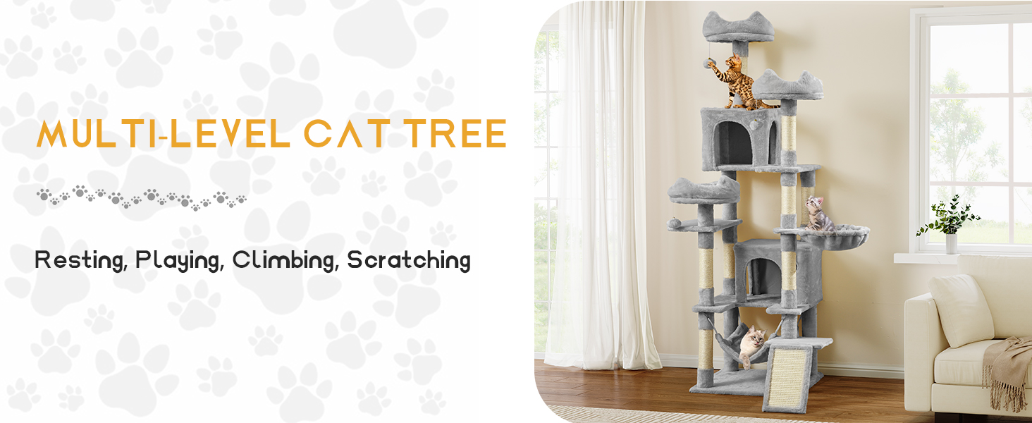 Кігтеточка YITAHOME 190 см, багатоярусна, з сизалю, з пандусом, плюшеві стійки, гамак, просторі будиночки, центр активності для кошенят (сірий)
