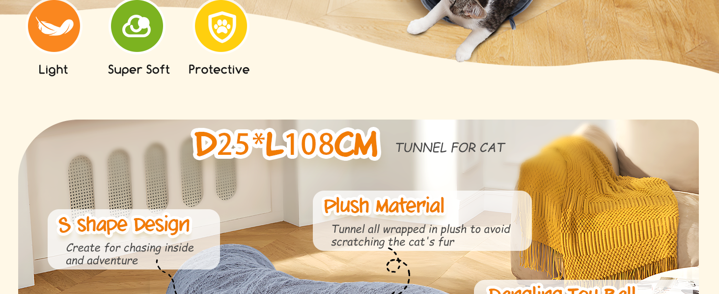 Туннель для котів Nobleza, 3-ходовий, розкладний, з іграшкою-м'ячиком, сірий (D25*L108cm)