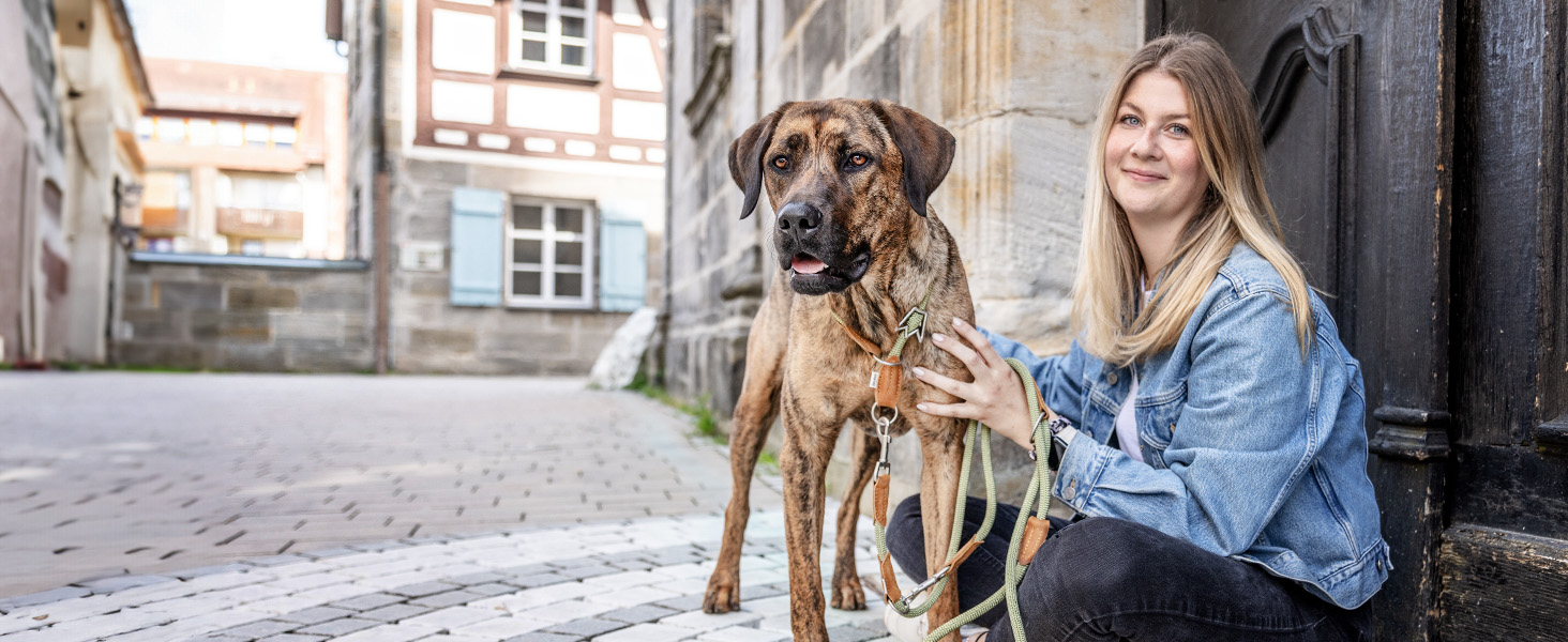 Нашийник для собак Rudelkönig Emma - Елегантний нашийник-стоп для собак з шкіри та нейлону, діаметр 12 мм, для великих собак, колір хакі