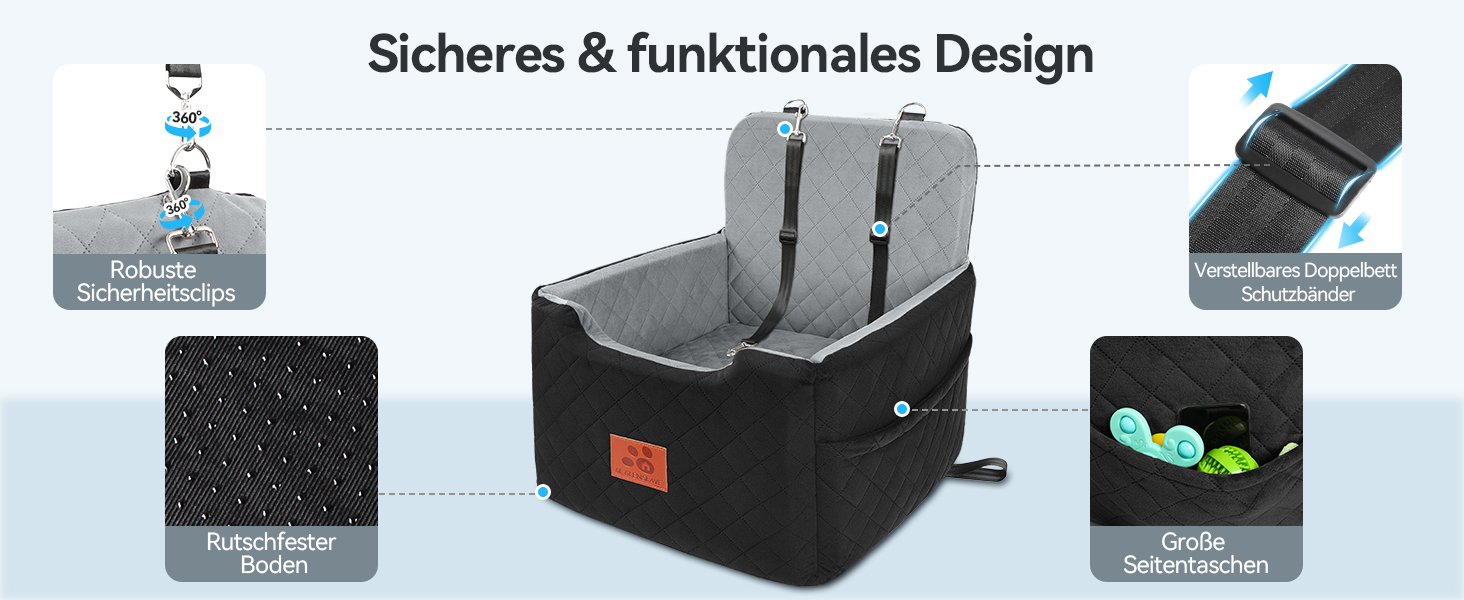 Автокрісло для собак маленьких та середніх порід (до 15 кг), знімний та миючий чохол, 2 ремені безпеки (чорний/коричневий)