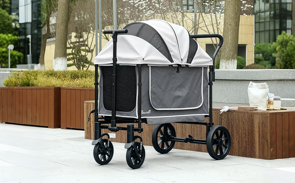 PawHut 2-в-1 візок для собак та котів, розкладний, до 30 кг, з подушкою, сітковими віконцями, 2 дверцятами, сумкою для зберігання, темно-сірий