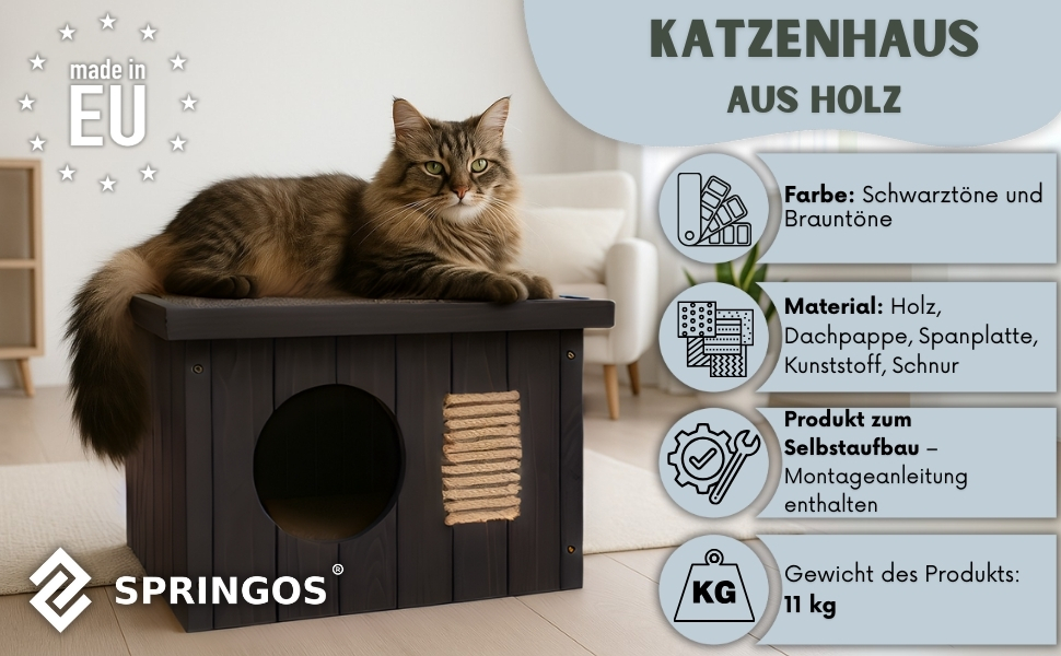 Зовнішній утеплений дерев'яний будинок для котів SPRINGOS, чорний, 58x49,5 см, ізоляція, плоский дах, для котів і дрібних тварин, зимовий, водонепроникний