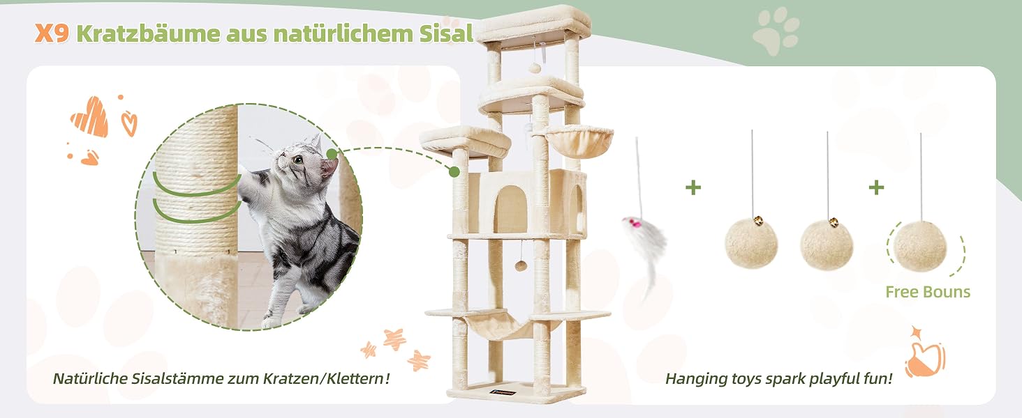 Комплекс для котів Taoqimiao 180 см XXL бежевий: будиночок, платформа, 9 стовпчиків, лежак, кошик - для великих порід (Мейн-кун)