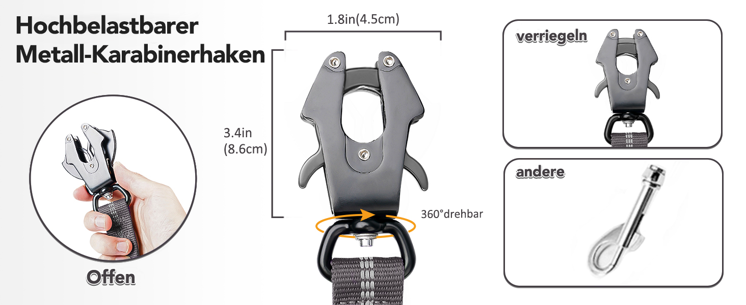 Тактична повід для собак Joytale, еластичний (bungee) повід з двома м'якими ручками, автофіксатор, повід без ривка для собак середніх, великих та екстра-великих порід (1.2м-1.8м, сірий)