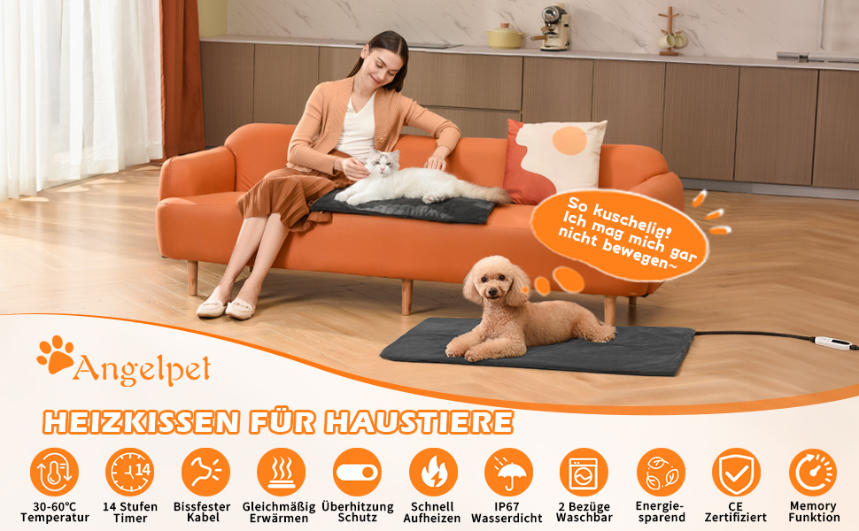 Килимок гріючий для тварин 45x45 см – підігрівальний килимок для собак та котів, 30–60°C, таймер 14 год, захист від перегріву, міцний кабель 1,8 м, 2 знімні чохли, регулювання температури