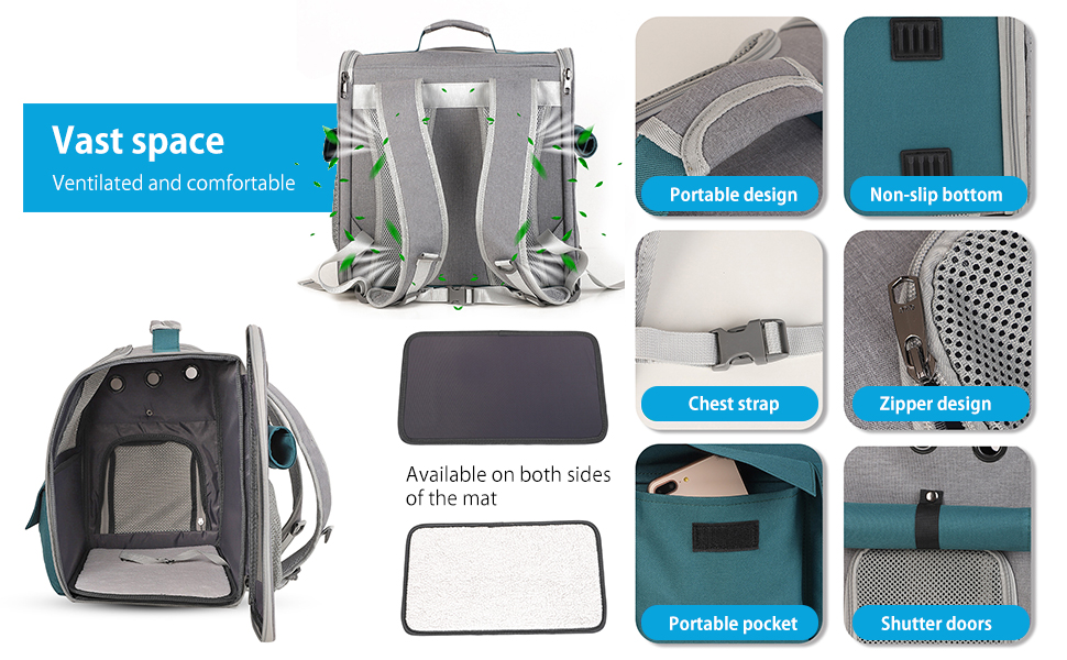 Рюкзак для тварин PETCUTE: переноска для собак та котів, знімний килимок, безпечний ремінь, зелений