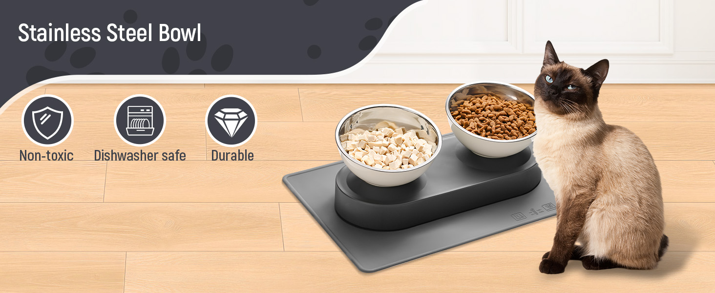 Набір мисок для котів та маленьких собак Marchul: подвійні, з підставкою, з нержавіючої сталі, 15° нахил, з силіконовим килимком