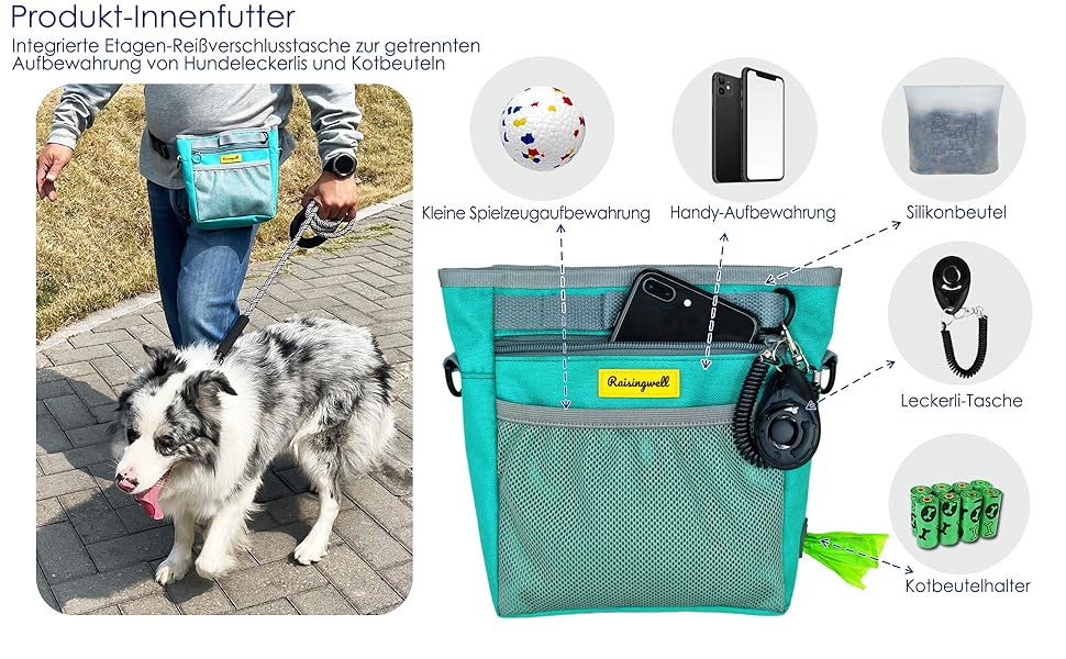 Сумка для ласощів для собак, багатофункціональна сумка для прогулянок з силіконовим кишеньком, мішок для корму для дресирування собак та дозатор ласощів, ідеальна для активного відпочинку на природі (Чорний, 4 відділення)