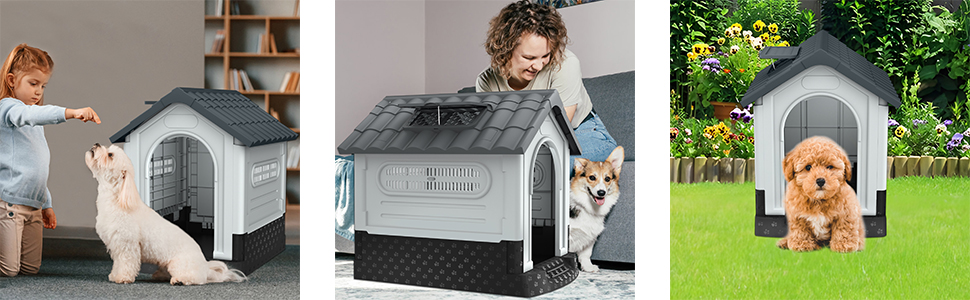 Будка для собак Aufun, пластикова, сіра, 65x56.5x67 см, M, для вулиці та дому, водонепроникна, ізольована