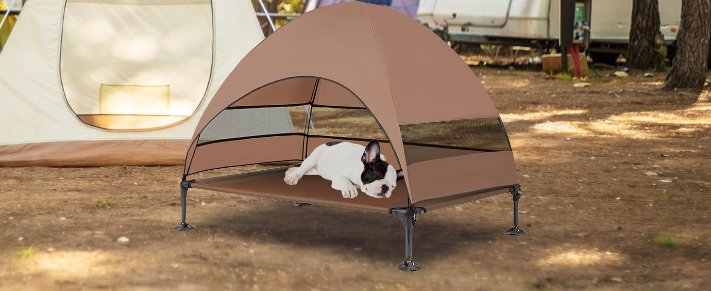 Лежанка для собак Snagle Paw з дахом, піднятий дизайн - стабільне ліжко для собак з антиковзними ніжками, широка тінь - водонепроникна для великих собак, для дому/на вулицю, кемпінг та сад, коричнева, 106 x 84 x 76 см