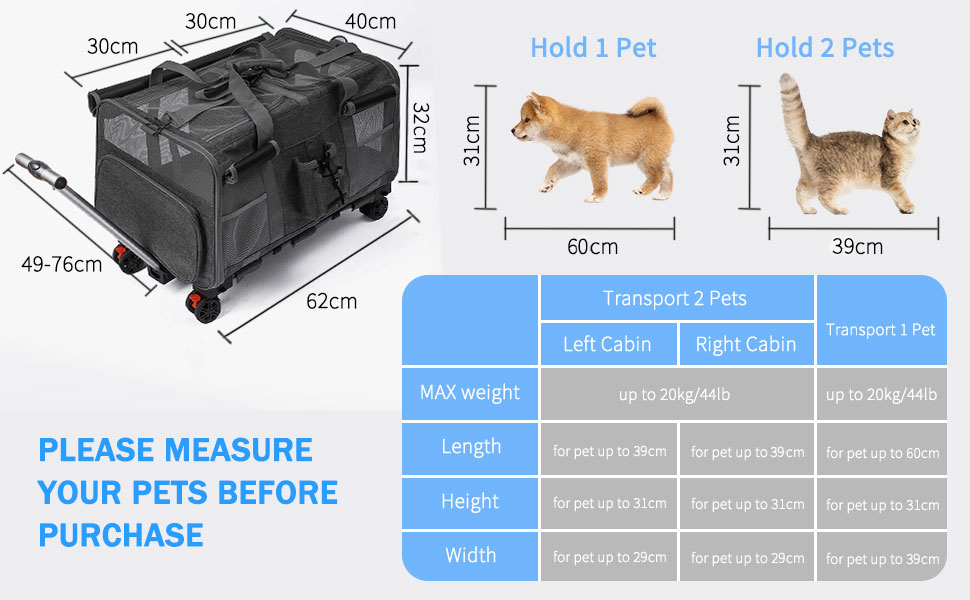 Транспортна переноска для котів та собак на 20 кг з 2 відділеннями, колесами та телескопічним ручками (чорна)