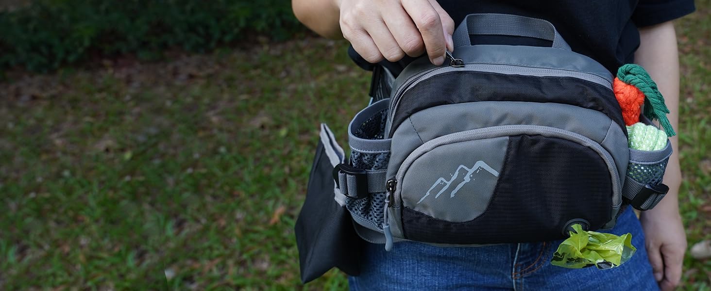 Сумка для собак на пояс з кишенею для ласощів та 2 тримачами для пляшок води, легка сумка для годування собак з дозатором для фекалій, поясна/стегнова сумка регульована, 2-в-1 для прогулянок, тренувань, походів, чорна