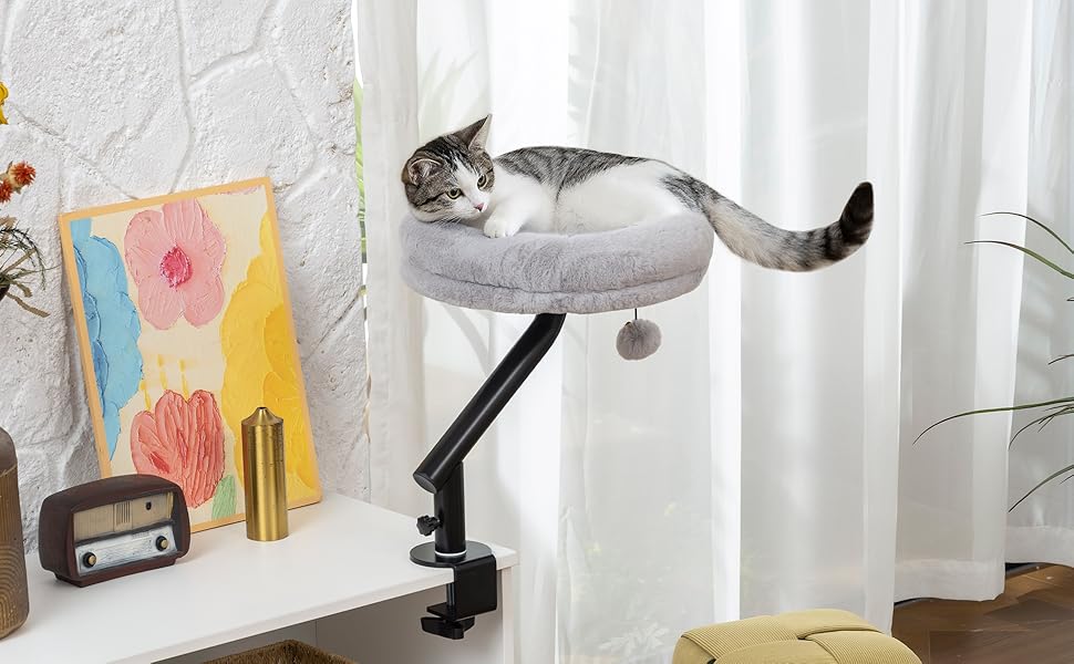 Ліжко-стіл для котів PawHut: обертається на 360°, регульована висота, знімний та пральний чохол, для котів до 6 кг, для дому та офісу, кремово-білий (сірий)