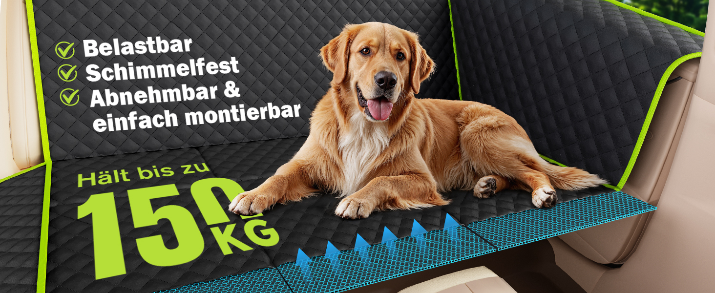 Плед для собак у машину Pecute з жорсткою основою, 136x60 см, захист сидіння, водовідштовхуючий, анти-царапин, для собак до 150 кг, чорний з зеленим кантом