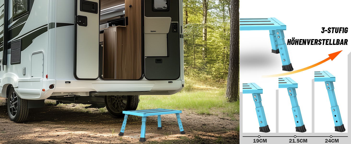 Алюмінієва розкладна сходинка-підставка, 300 кг, 3 сходинки, регульована висота, широка антиковзна поверхня, для автодому, саду та сходинок для собак, легка та складна (Блакитна)