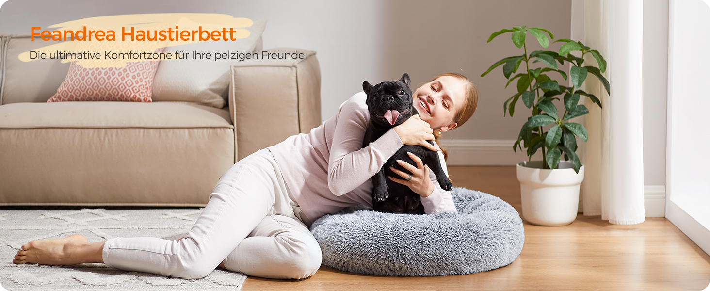 Ліжко для собак Feandrea, ліжко для котів, подушка-донат, 70 см, м'який плюш, знімний наповнювач, Ombré-Сірий