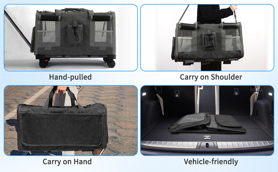 Транспортна переноска для котів та собак на 20 кг з 2 відділеннями, колесами та телескопічним ручками (чорна)