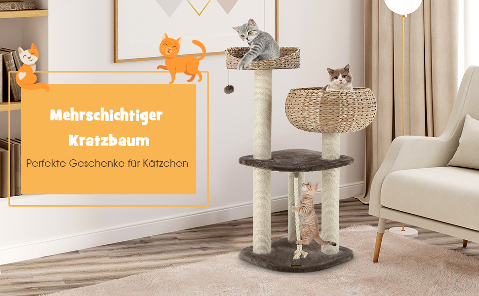 Дерев'яний будиночок для котів COSTWAY 104 см з когтеточкою, корзиною та м'ячем