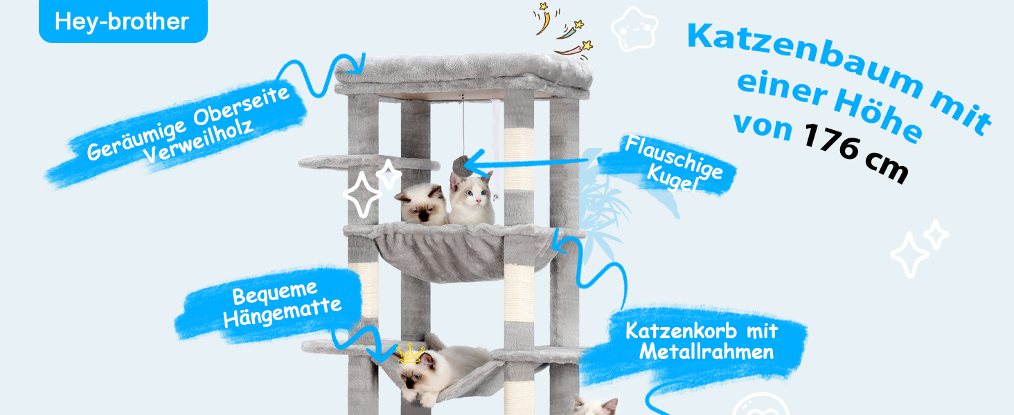 Багатоярусний котячий будиночок Hey-brother Kratzbaum, 175 см, сірий. З платформами, гамаком, печерами, котячими будиночками, дряпалкою та іграшкою. Модель EMPJ037W