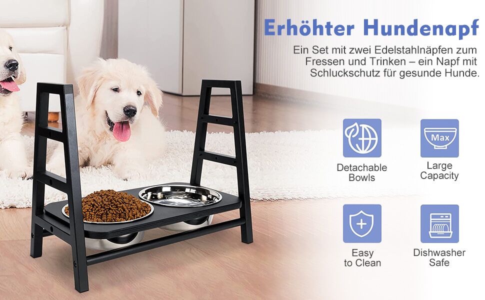 Підставка для годівлі собак з регулюванням висоти, дерев'яна, з двома мисками з нержавіючої сталі, нахил 15°, регулювання по висоті в 3 положеннях