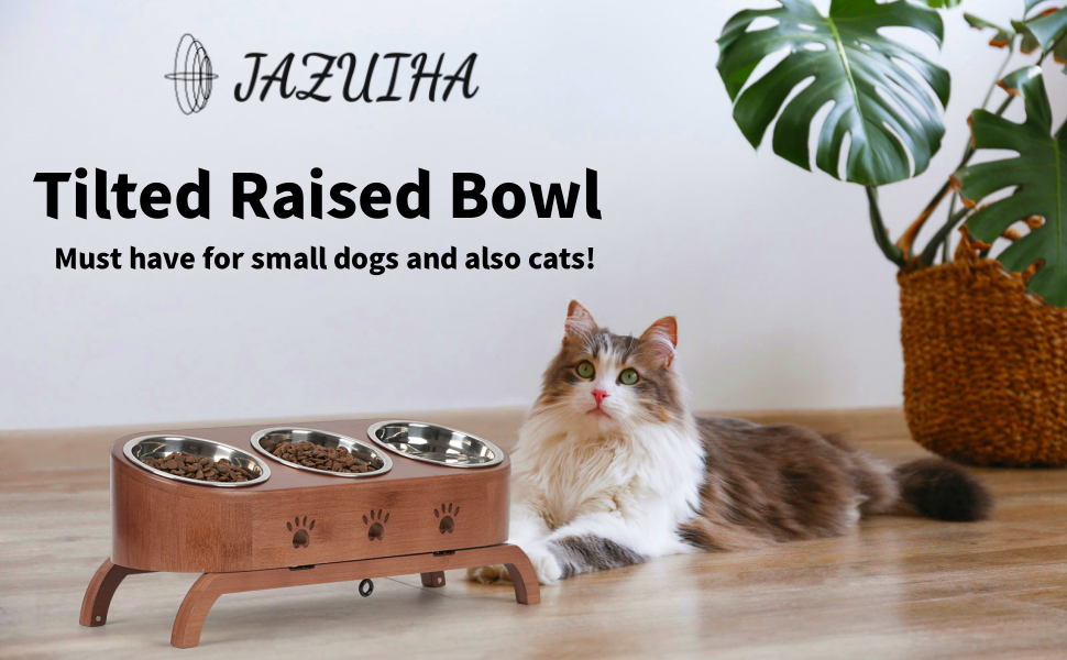 Набір мисок для котів JAZUIHA (3 шт.) з підняттям, ергономічні, 15° нахил, регульована висота, дерев'яний підставник, нержавіюча сталь Ø12 см, темно-коричневий