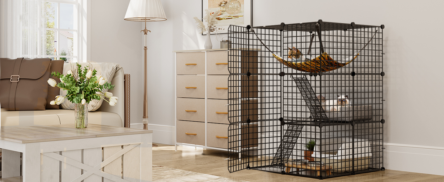 Клітка для котів YITAHOME на вулицю, металева 3-ярусна клітка-вольєр для котів з 3 дверцятами та 2 сходами, з гамаком, 72x72x104 см