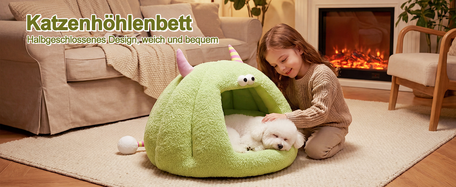 Кішка-будинок Galatée, тепле ліжко-будинок для котів та собак, м'яке ліжко для собак, затишний іглу для собак, миле картун-кімнатко для котів, ліжко для домашніх котів (L, Зелений) L Зелений