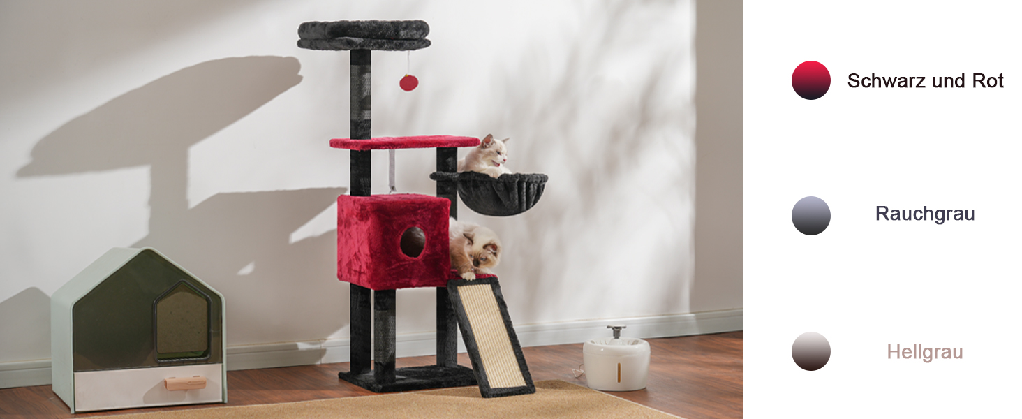 Котячий будиночок Hey-brother Kratzbaum 108 см: багатоповерховий котячий будиночок з подряпувальними стовпами, кошиком, просторим будиночком та іграшкою-помпоном, червоно-чорний MPJ007SBR