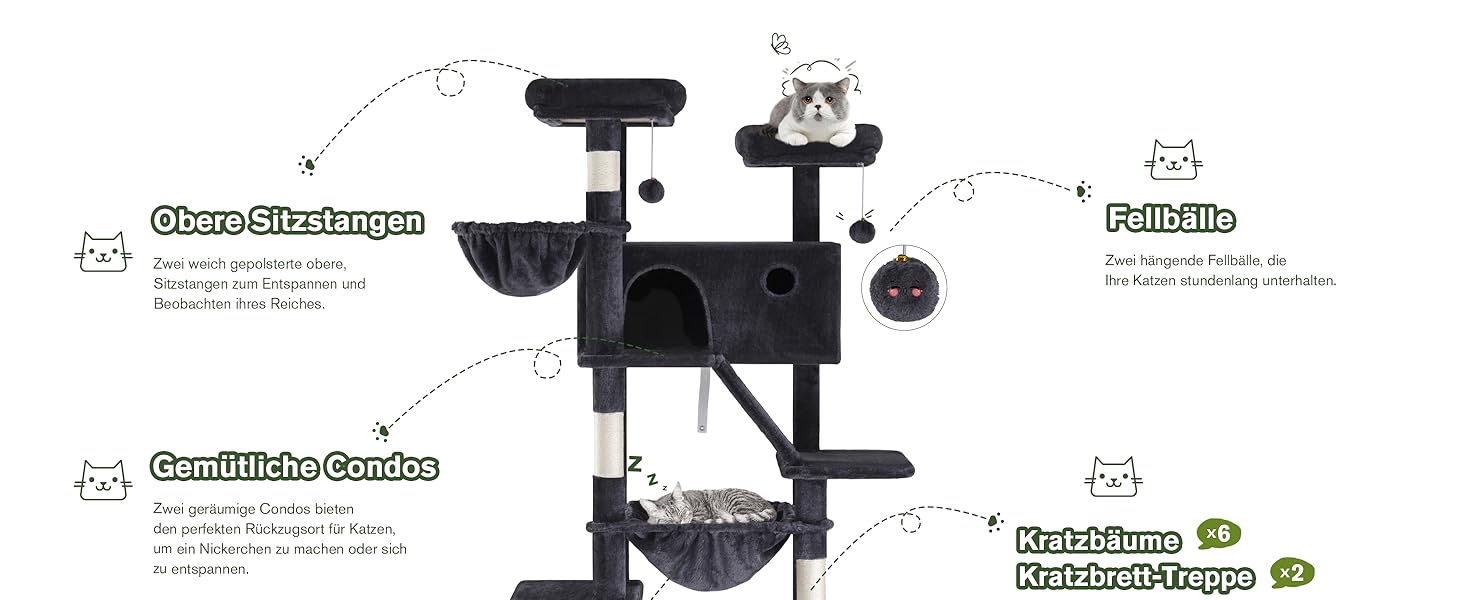 Котячий будиночок MUTICOR з когтеточкою, 206 см, багатоярусний, для великих котів, з гамаком, плюшеві платформи, широка база (темно-сірий)