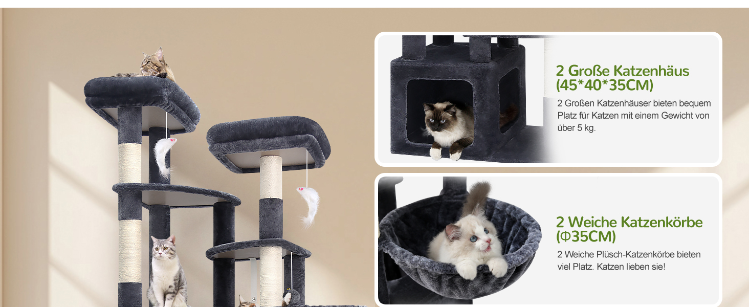 Драбина для котів Globlazer XXL (189 см) з великою печерею та платформами, 2 лежаками, 2 кошиками, стабільна конструкція, темно-сірий