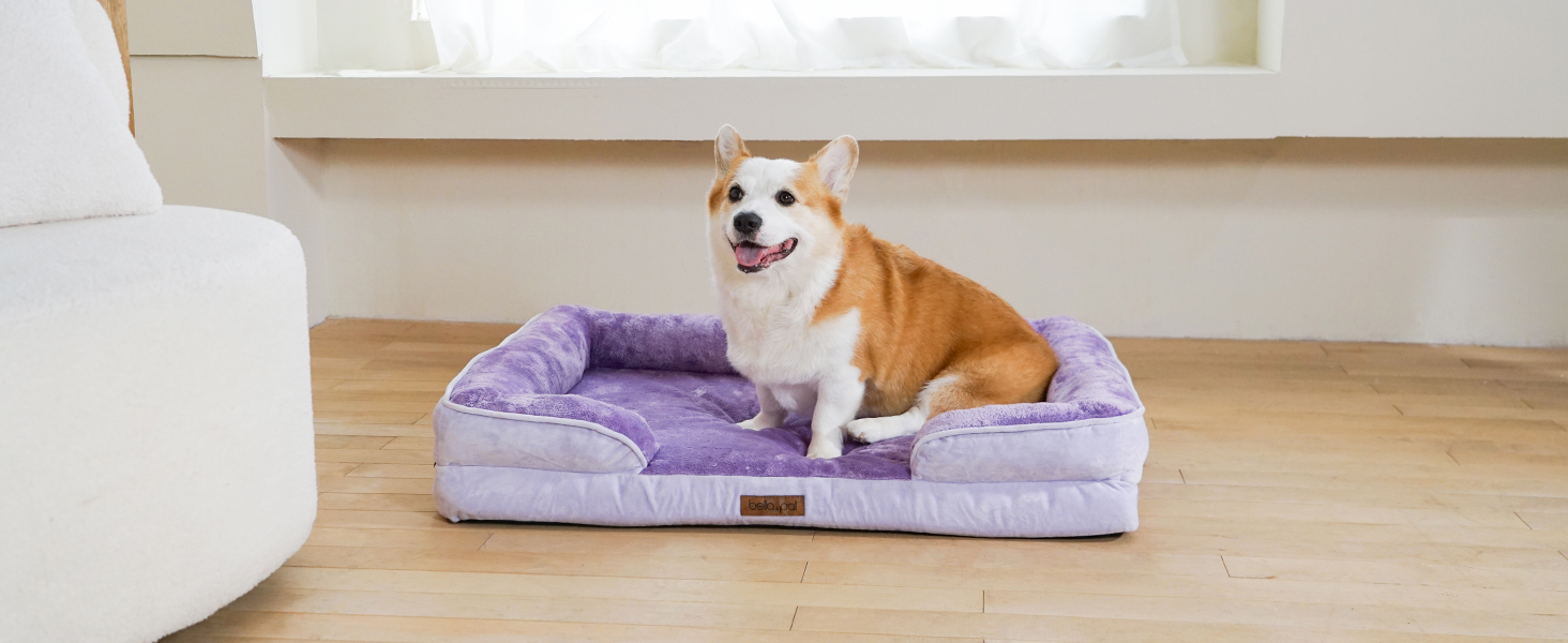 Ортопедичне ліжко для собак BELLA & PAL, 71x59 см, фіолетове. Зручне ліжко-софа для маленьких та середніх собак. Без монтажу, з ефектом пам'яті, водовідштовхувальна вставка, фланелевий знімний чохол, неслизьке дно.