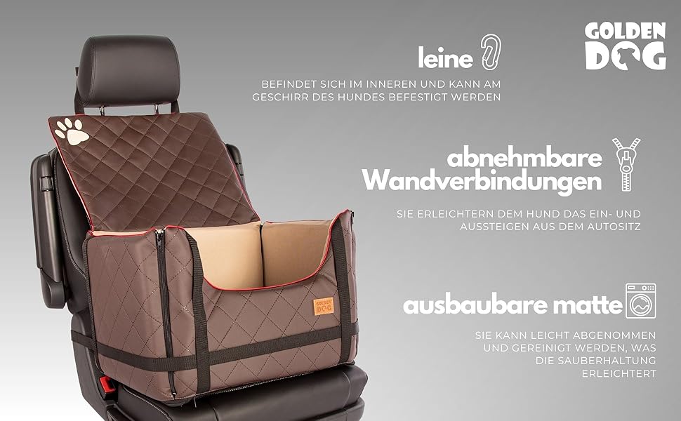 Транспортна переноска для собак Golden Dog з кріпленням на ремінь безпеки, 65x53x27 см, колір коричневий. Імітація шкіри, водовідштовхувальна, складна, підходить для автомобіля.