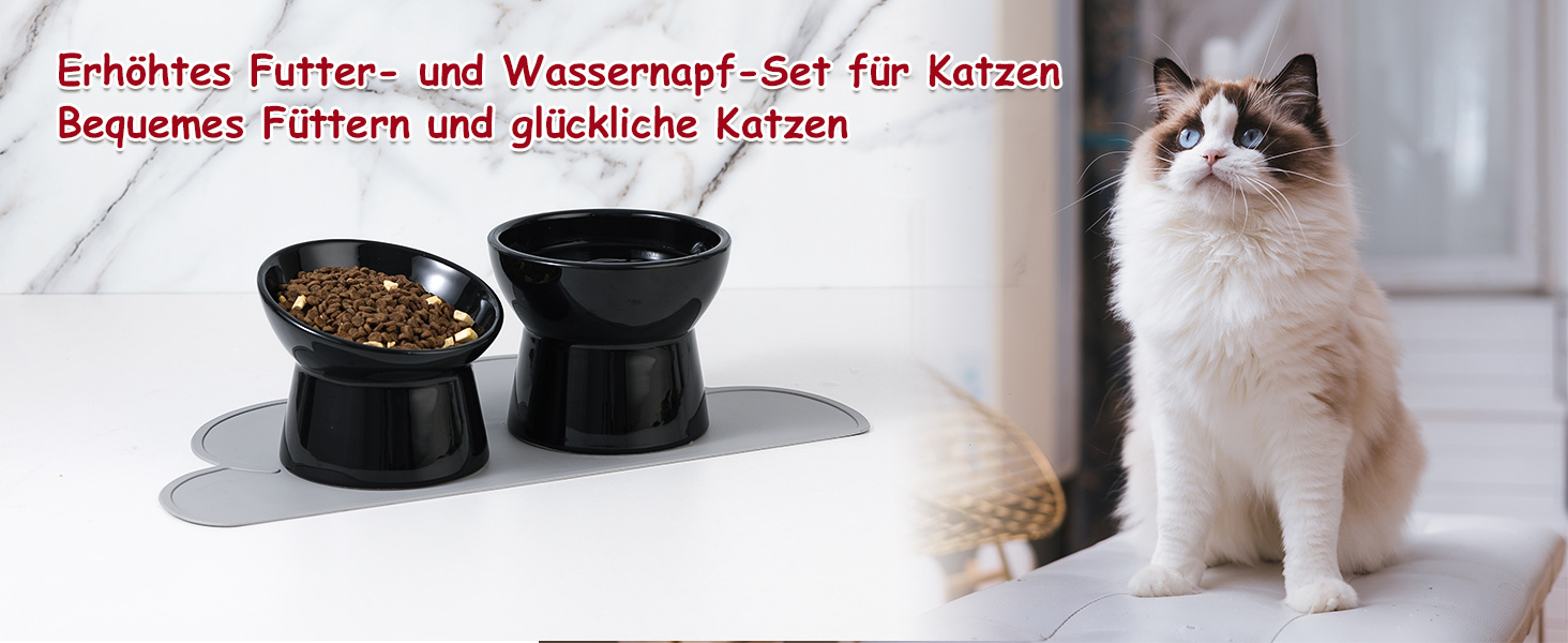 Набір мисок для котів з підняттям, кераміка, 3 шт. з антиковзною підкладкою, великі миски для їжі та води, білий