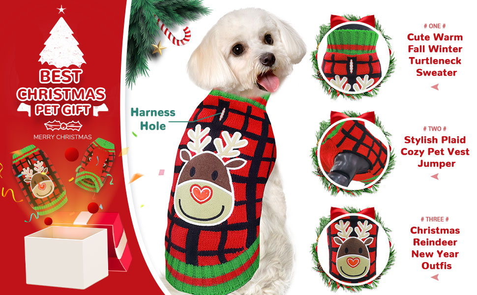 Теплий святковий пуловер для собак з отвором для шлейки, червоний в клітинку, олень. Підходить для малих, середніх та великих собак, котів. Ідеальний для осені та зими.