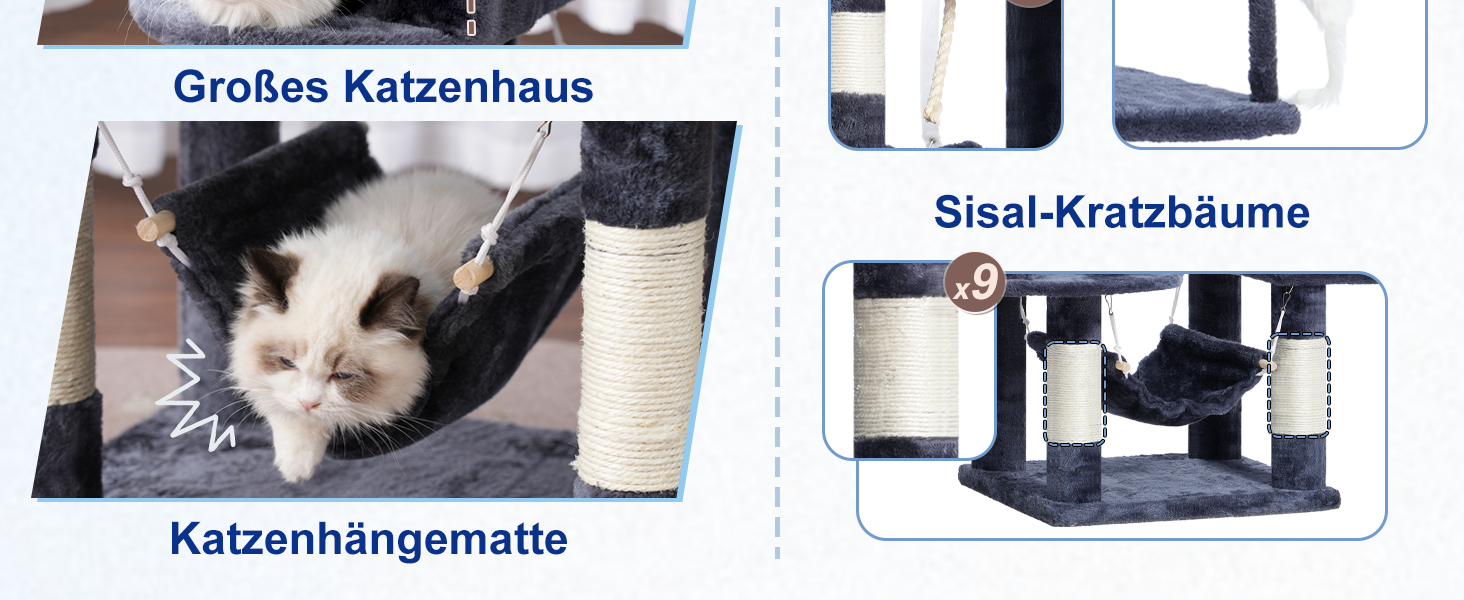 Великий котячий будиночок Kratzbaum GCT031W: 200 см, сірий, з платформами, гамаком та сизалевими стовпчиками для дому