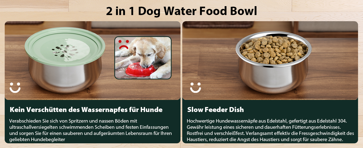 Миска для води для собак Stouchi, не розливається, нержавіюча сталь, велика місткість, повільний диспенсер води, антиковзаюча, для подорожей, зелений колір