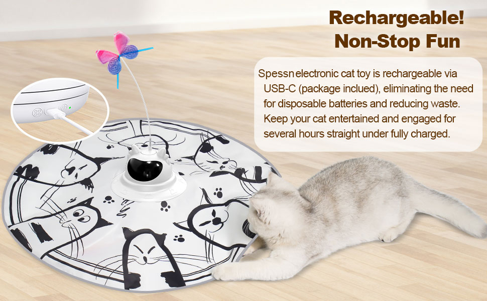 Інтерактивна іграшка для котів Spessn 2-в-1 з електричною пір'ям, 3 режими, USB-зарядка (білий котячий візерунок)