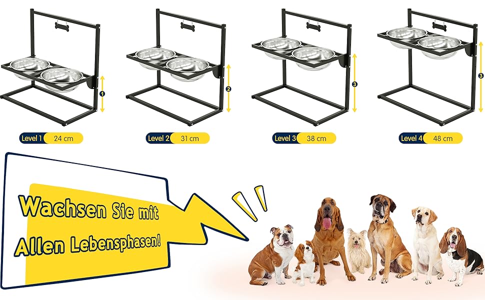 Підвищена годівниця для собак Eaninaz з регулюванням висоти, нахил 10°, 2 нержавіючі миски (1,5 x 2) та безпечна килимок, стабільний підставник для миски (XL)