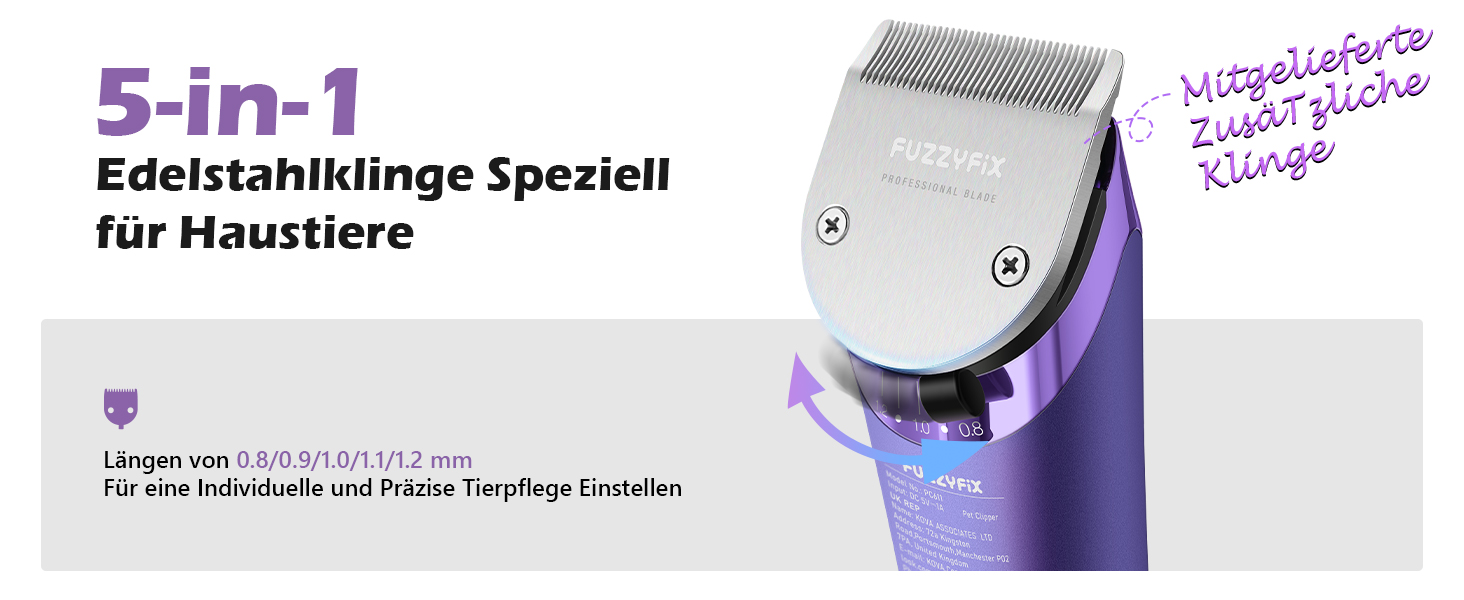 Професійна машинка для стрижки собак FuzzyFix з запасним лезом, 5-в-1, знімає шерсть з собак, котів та коней, лілова