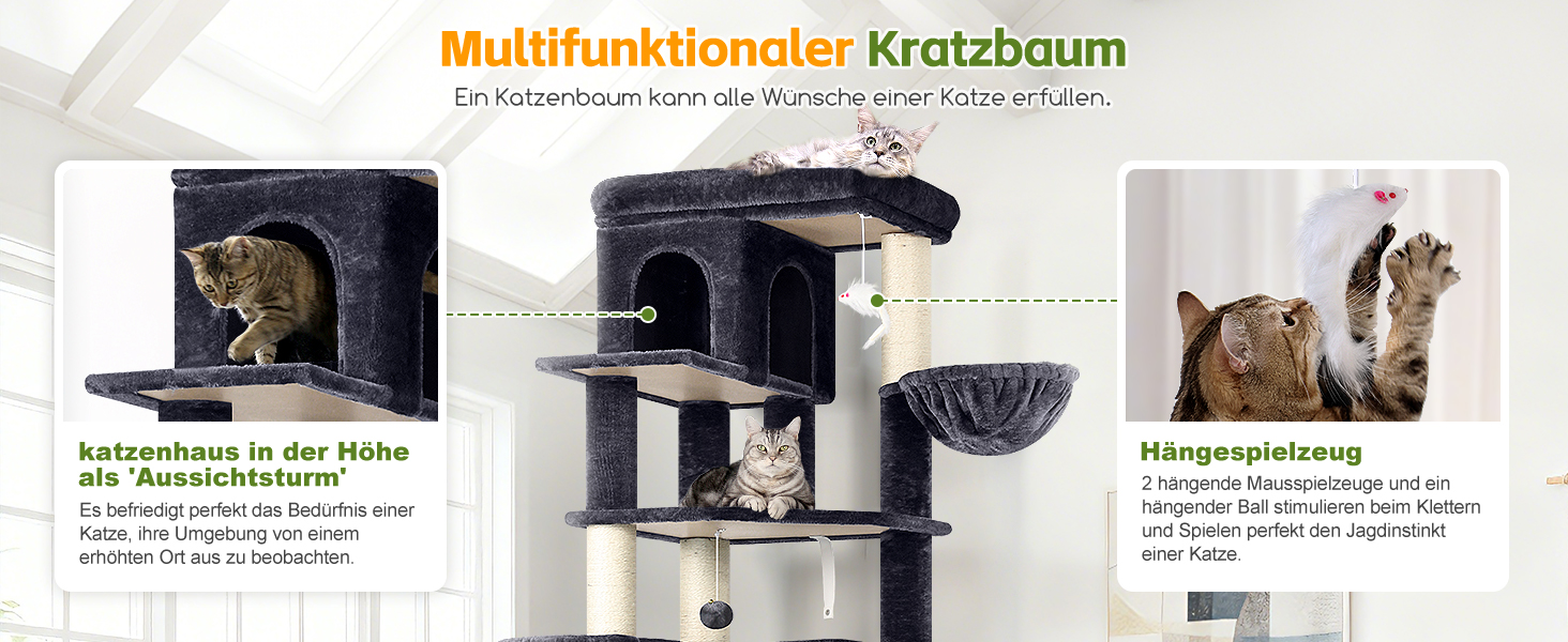 Кігтеточка Globlazer 204 см з 3 будиночками, 2 платформами, 3 м'якими будиночками для котів, стабільна, для 3-5 котів, відпочинок, ігри, дряпання, інтер'єр (Dunkelgrau)