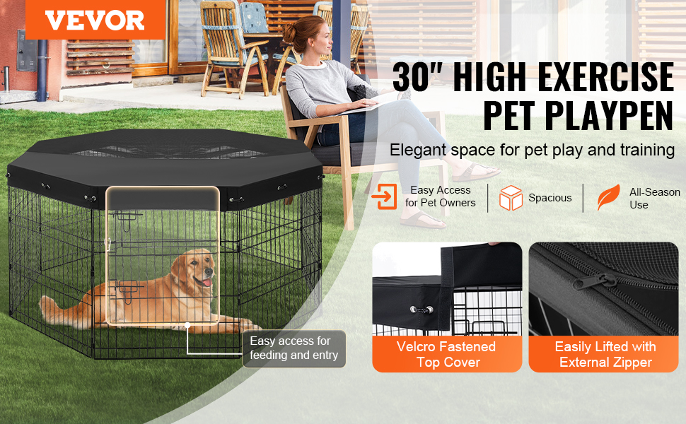 Металевий вольєр для собак VEVOR, 8 панелей, 76 x 61 см, розкладний, з дверцятами, матеріал: 600D Oxford, для собак, котів та інших дрібних тварин