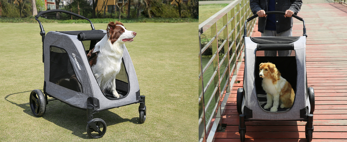 Візок для собак EchoSmile для середніх та великих собак до 70 кг, сірий, складний, з сітчастими віконцями та регульованою ручкою, 4 проходимі колеса