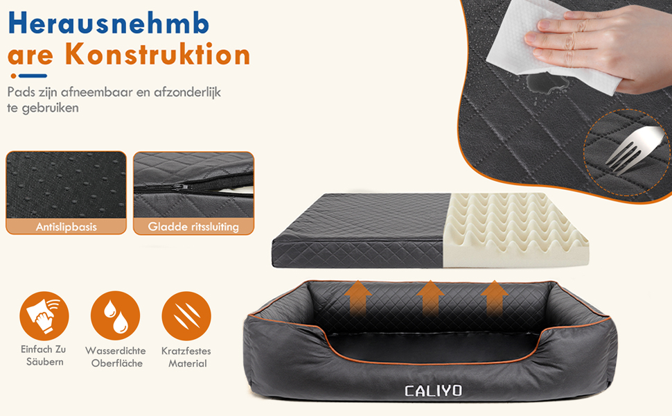 Ортопедичне ліжко для собак Caliyo, великі породи – подушка для собак з екошкіри, водонепроникна та пральна, з піною з пам'яті, диван для собак з 4 бортиками, килимок для собак 127×97×18CM, чорний L 127×B 97×H 18 cm Чорний