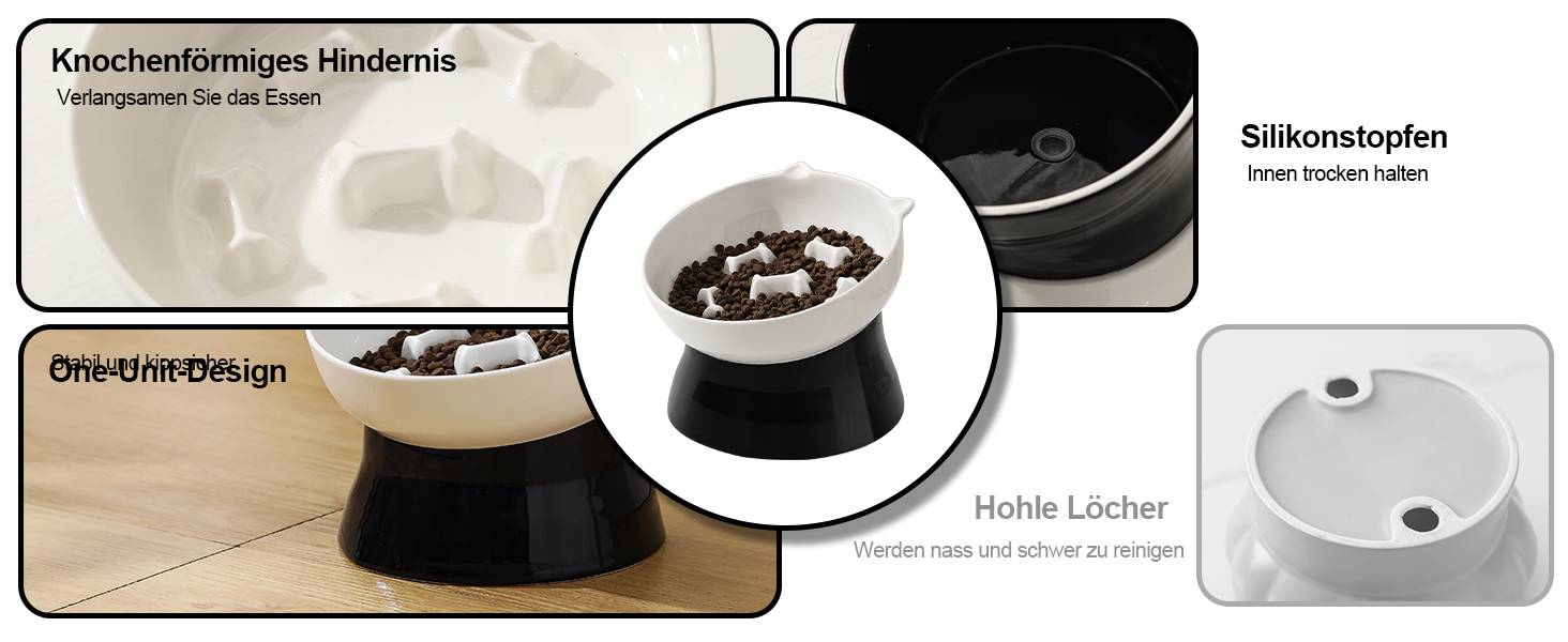 Антислизька годівниця для котів з кераміки, піднята - годівниця-лабіринт для повільного годування, нахилена проти блювоти, чорно-біла