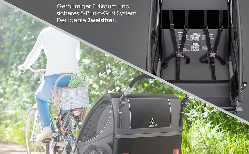 Дитячий велопричіп KESSER® 2в1 з поворотним механізмом 360° та амортизацією. Підходить для 1-2 дітей (до 40 кг). У комплекті прапор. Чорний / Антрацитовий