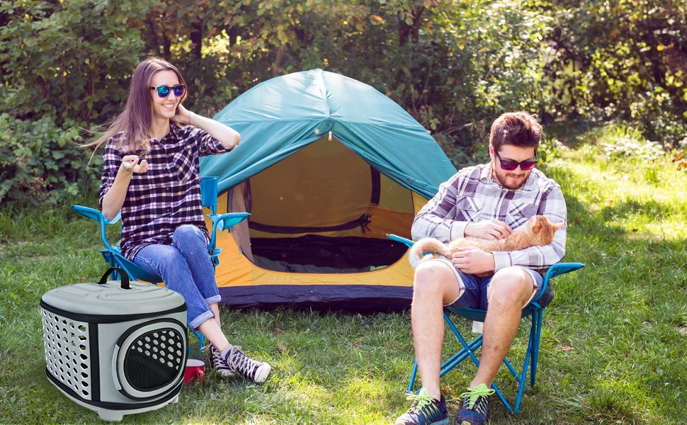 Складана переноска для котів та маленьких собак сірого кольору з м'якою підстилкою