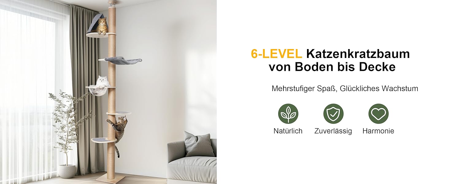 Дерев'яний кігтеточки FUKUMARU з 6 ярусами, сірий (280-300 см), для котів, з гамаком та капсулою