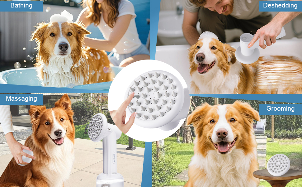 Електричний диспенсер пінки для миття собак з щіткою. М'яка щітка, масаж та грумінг. Регульовані режими пінки/спрею. Бездротовий диспенсер миючого засобу для собак з короткою та довгою шерстю. (Білий)